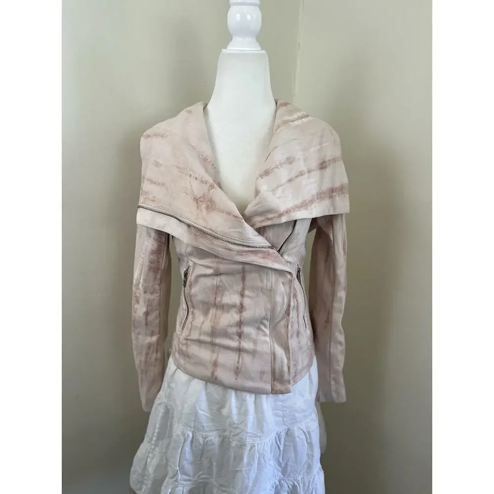 Anthropologie BlankNYC Hippie Dippe Faux Suede Jacket XS Pink Cream Moto Boho - Picture 2 of 13